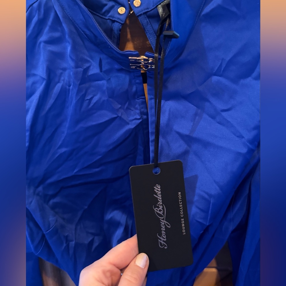 Honey Birdette Royal Blue Satin Long Sleeve Robe Bodysuit - Picture 5 of 5
